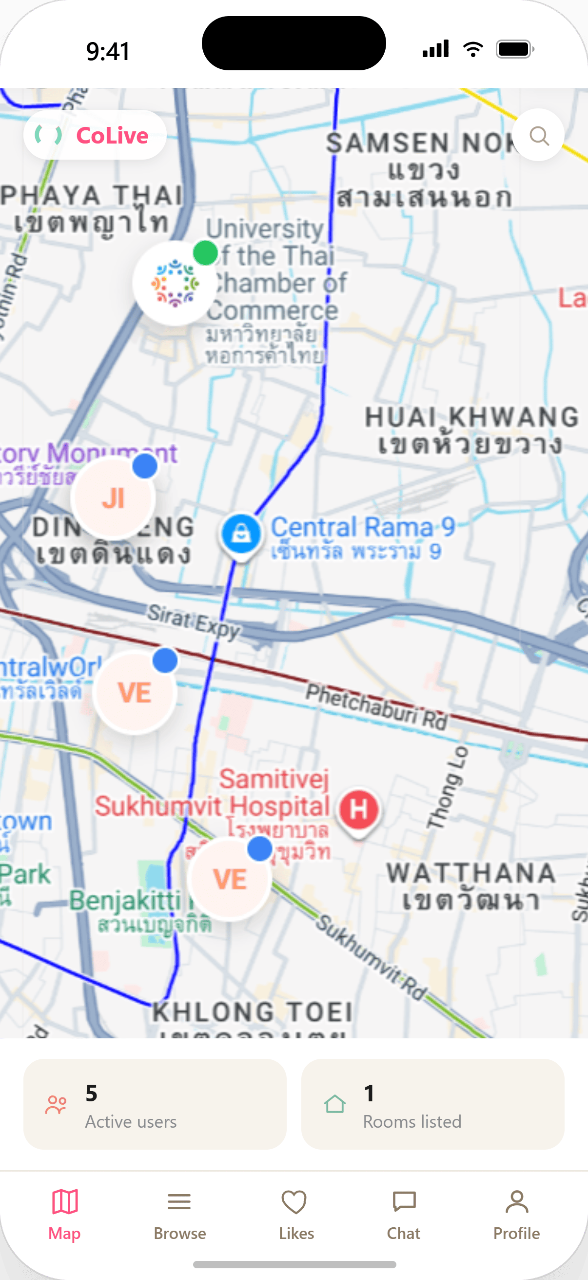 CoLive map screen showing nearby active users and listed rooms