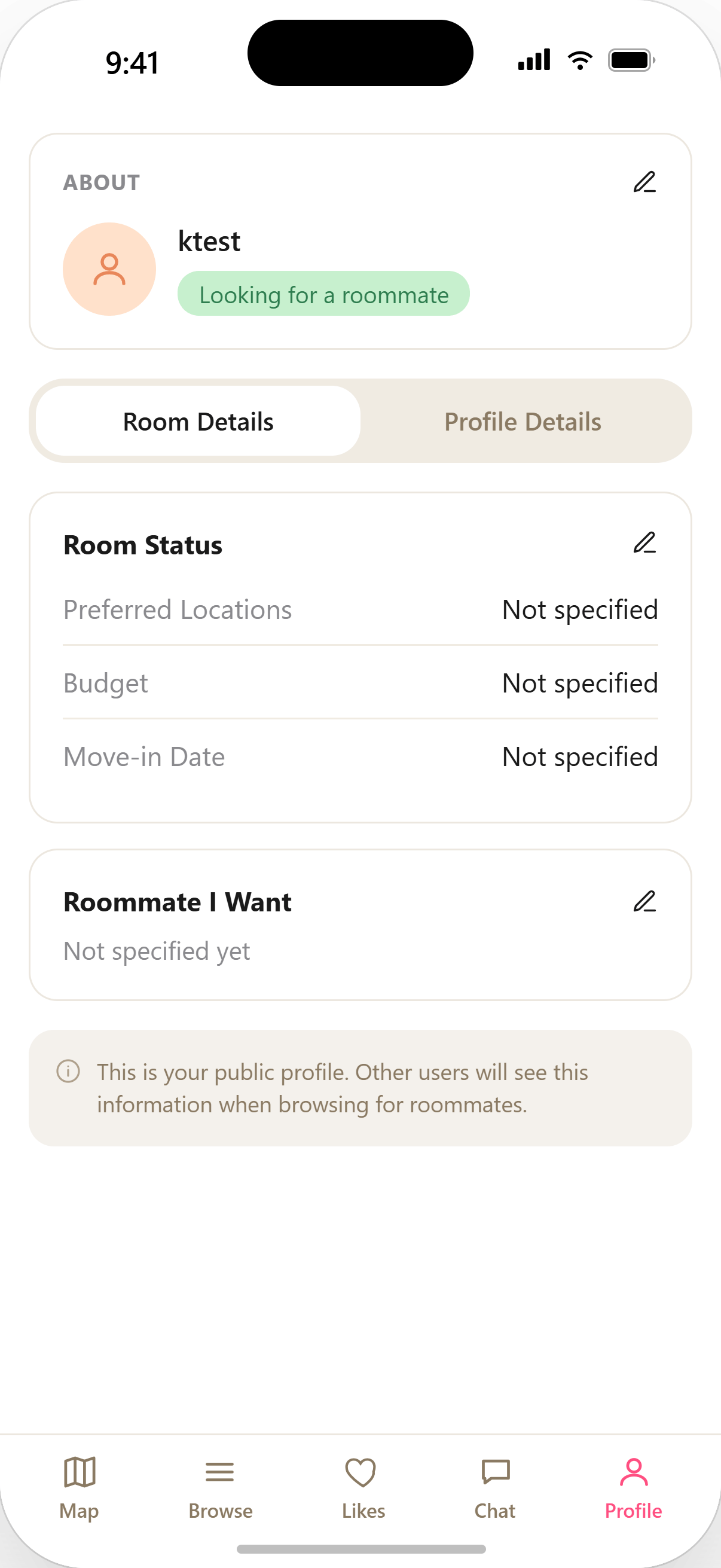CoLive profile screen showing room status, budget, and roommate preferences