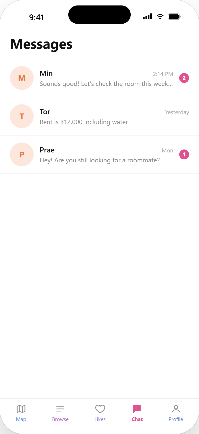 CoLive messages screen showing roommate chat conversations